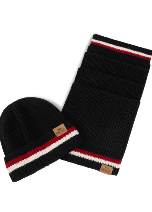 butleigh unisex schal und mütze set negro/dark rojo/ecru